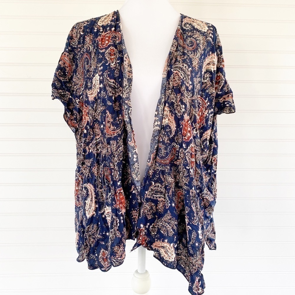 January 7 Paisley Kimono OS Navy Blue Boho Open Front Cardigan Cover Up